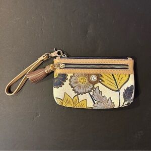 Spartina 449 Wristlet Clutch Floral Pattern, Linen and Leather,Earthy Tones, NWT
